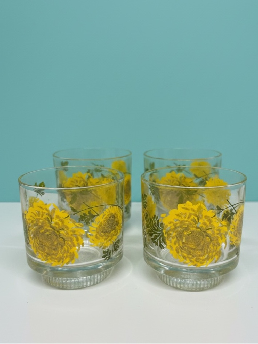 Vintage MCM Brockway Regency Yellow Chrysanthemum Lowball Glasses Set of 4